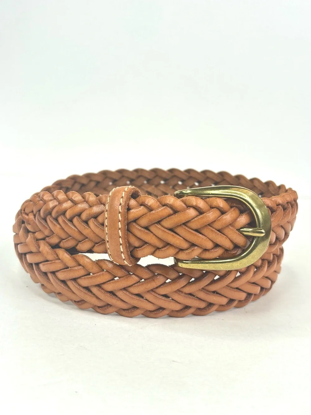 VTG Lands' End Tan Woven Braided Leather Belt Curved Brass Buckle size 32 Med